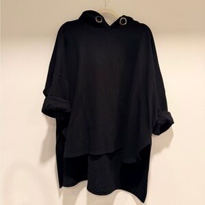 Black Hooded Oversized Soft Poncho with Grommet Detail